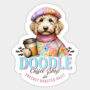 Doodle Coffee Shop T-Shirt – Cute Dog with Freshly Roasted Beans Design Sticker